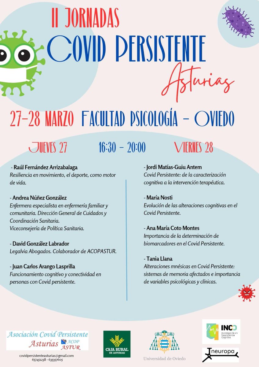 II Jornadas de Covid Persistente Asturias
📅 27-28 marzo | Facultad de Psicología, Oviedo | 16:30-20:00
Diferentes expertos e Investigadoras del #INEUROPA hablarán sobre resiliencia, alteraciones cognitivas y biomarcadores en #CovidPersistente.
#Neurociencia #Salud #Asturias