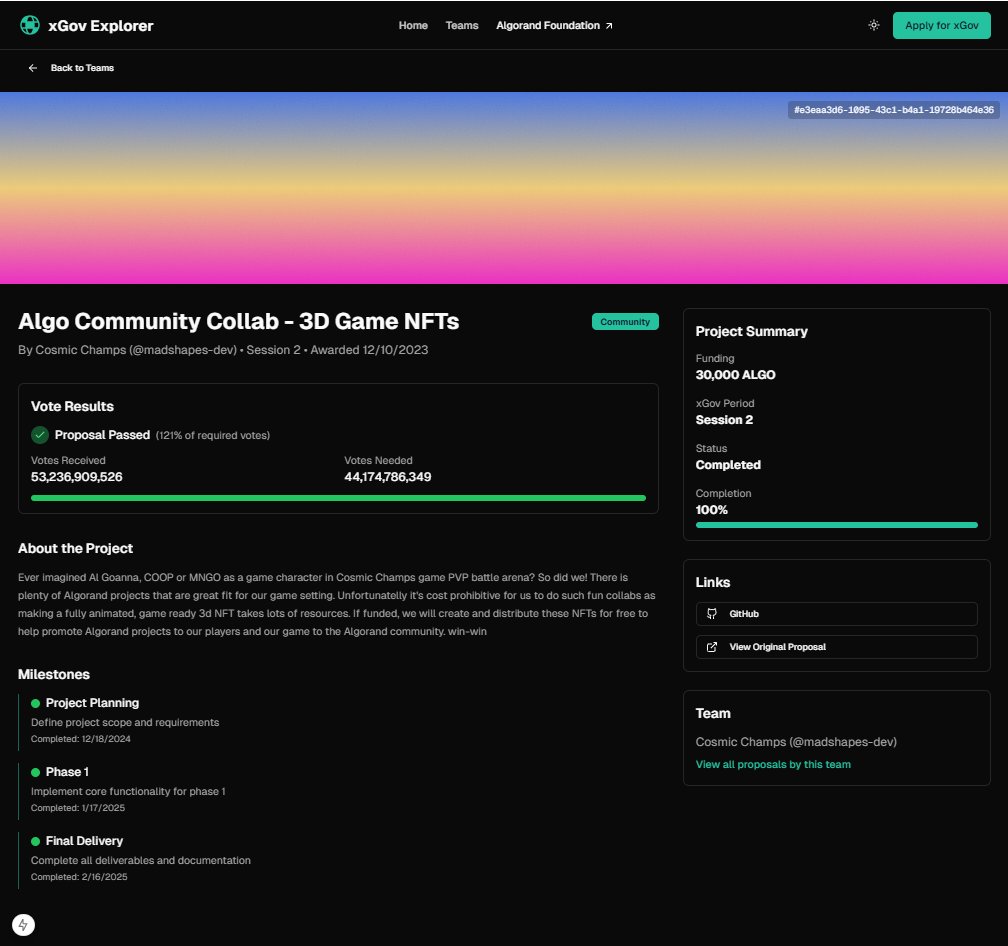 HEADLINE (@headline_crypto) on Twitter photo You can now find the individual pages for every <a href="/AlgoFoundation/">Algorand Foundation</a> xGov proposal on the xGov Explorer. Shout out to <a href="/CosmicChamps/">Cosmic Champs</a> for the sick gradient on this proposal banner. The next feature we will be adding is the ability to provide updates on proposals for the community to be You can now find the individual pages for every <a href="/AlgoFoundation/">Algorand Foundation</a> xGov proposal on the xGov Explorer. Shout out to <a href="/CosmicChamps/">Cosmic Champs</a> for the sick gradient on this proposal banner. The next feature we will be adding is the ability to provide updates on proposals for the community to be