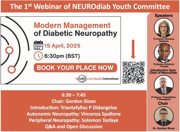 Young Committee of NEUROdiab presents its first free Webinar on Modern Management of #diabeticneuropathy  

How to diagnose, treat and prevent diabetic peripheral and autonomic neuropathy 

Tuesday 15th April 2025 at 18:30

Book your place now 👇: tickettailor.com/events/orangej…