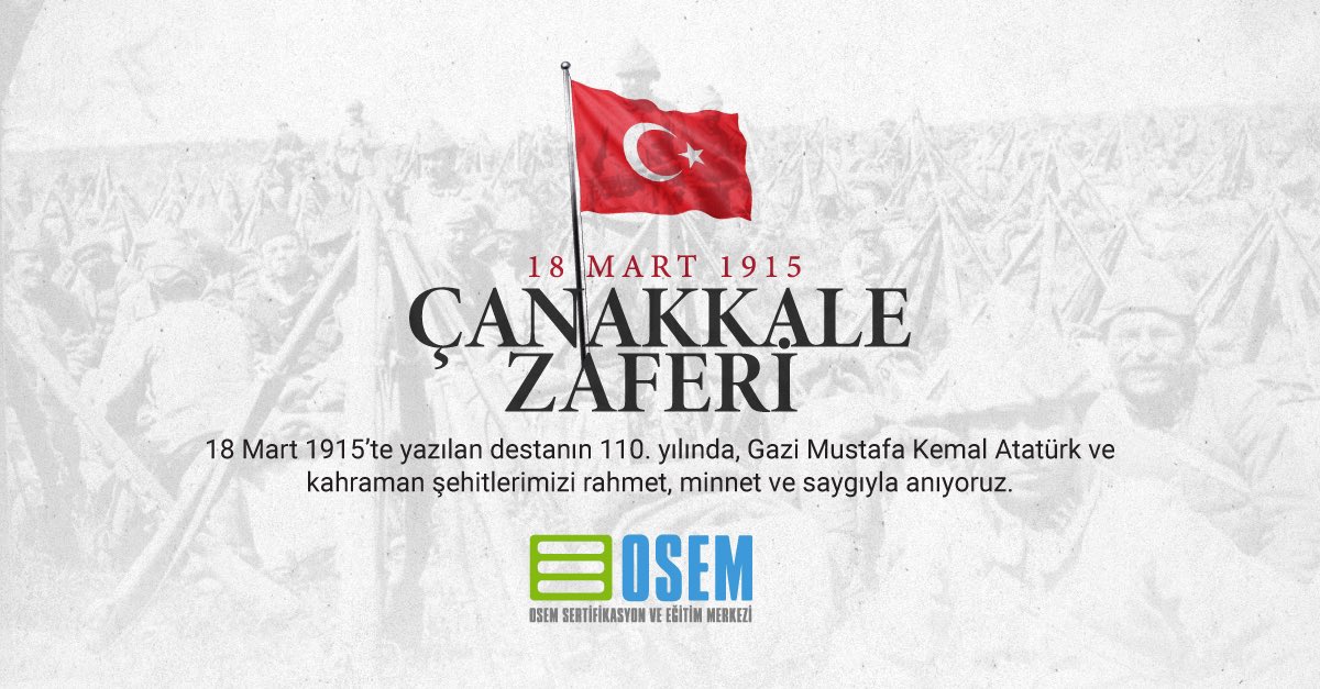 18 Mart 1915’te yazılan destanın 110. yılında,
Gazi Mustafa Kemal Atatürk ve kahraman şehitlerimizi rahmet, minnet ve saygıyla anıyoruz.

#OSEM #18Mart #ÇanakkaleZaferi