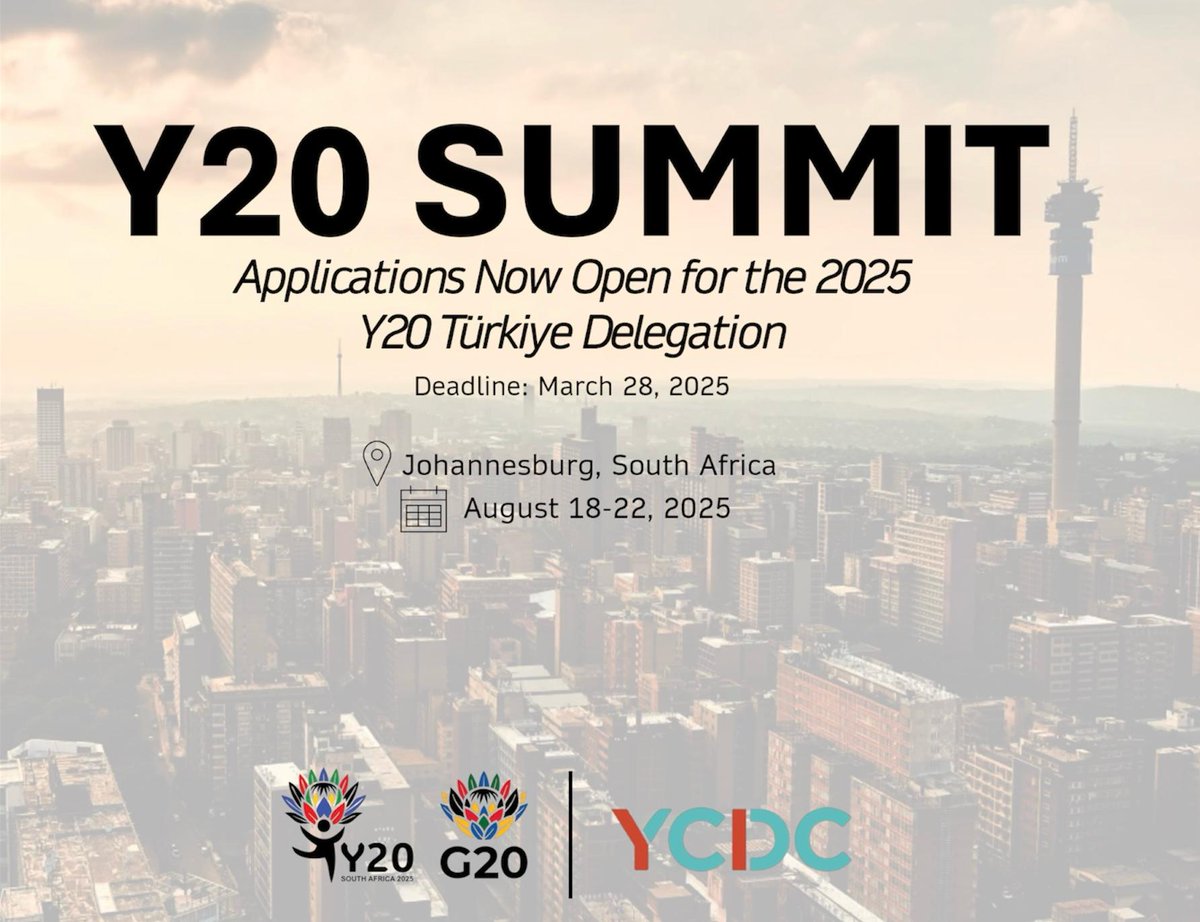 📣📣 Y20 SOUTH AFRICA | TÜRKİYE DELEGATION APPLICATIONS NOW OPEN 📣📣

Y20 South Africa will commence in Johannesburg from August 18-22.

Deadline for applications is March 28. 

forms.gle/YExeNvFL2xUTeN…