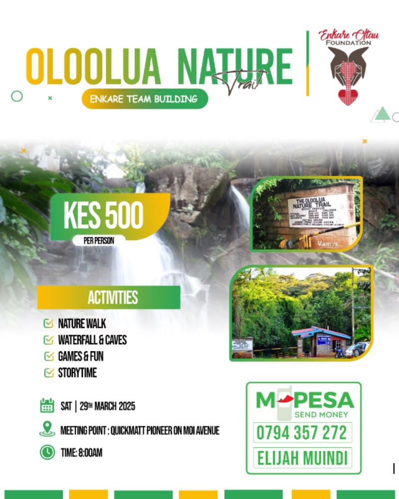 🌿 CALLING ALL VOLUNTEERS! 
You give your all—now it’s time to unwind &amp; connect! Join us at Oloolua Forest for trails, waterfalls, games, music &amp; good vibes! 🎶✨

📅 (Date) | 📍 Karen | 💰 Sh.500
📲 Mpesa: 0794357272 (Elijah Muindi)
#VolunteersHangout #UnwindConnectRecharge