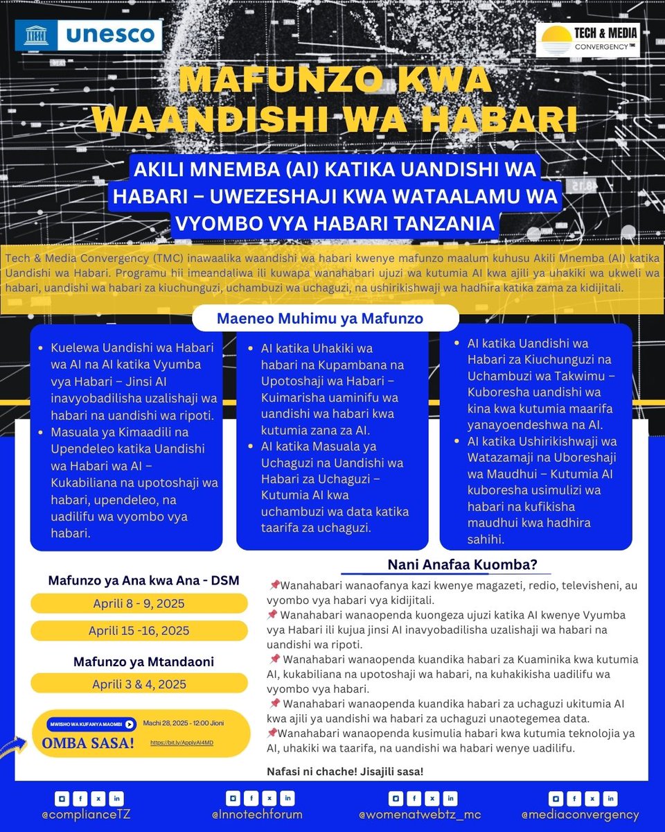 Tech & Media Convergency (TMC) (@mediaconvergecy) on Twitter photo ๐จ ๐๐๐ฟ๐๐ฎ ๐๐๐ฎ ๐ช๐ฎ๐ฎ๐ป๐ฑ๐ถ๐๐ต๐ถ ๐๐ฎ ๐๐ฎ๐ฏ๐ฎ๐ฟ๐ถ: ๐๐ธ๐ถ๐น๐ถ ๐ ๐ป๐ฒ๐บ๐ฏ๐ฎ (๐๐) ๐ธ๐ฎ๐๐ถ๐ธ๐ฎ ๐จ๐ฎ๐ป๐ฑ๐ถ๐๐ต๐ถ ๐๐ฎ ๐๐ฎ๐ฏ๐ฎ๐ฟ๐ถ.
TMC inawaalika waandishi wa habari kwenye mafunzo maalum kuhusu Akili Mnemba katika Uandishi wa Habari. Programu hii maalumu ni kwaajili ya ๐จ ๐๐๐ฟ๐๐ฎ ๐๐๐ฎ ๐ช๐ฎ๐ฎ๐ป๐ฑ๐ถ๐๐ต๐ถ ๐๐ฎ ๐๐ฎ๐ฏ๐ฎ๐ฟ๐ถ: ๐๐ธ๐ถ๐น๐ถ ๐ ๐ป๐ฒ๐บ๐ฏ๐ฎ (๐๐) ๐ธ๐ฎ๐๐ถ๐ธ๐ฎ ๐จ๐ฎ๐ป๐ฑ๐ถ๐๐ต๐ถ ๐๐ฎ ๐๐ฎ๐ฏ๐ฎ๐ฟ๐ถ.
TMC inawaalika waandishi wa habari kwenye mafunzo maalum kuhusu Akili Mnemba katika Uandishi wa Habari. Programu hii maalumu ni kwaajili ya