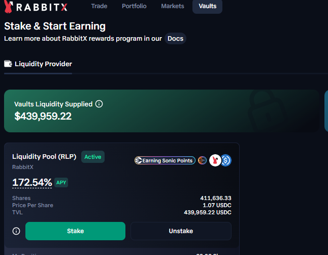 Degens knows whats up, vault liquidity (RLP) at <a href="/rabbitx_io/">RabbitX 🐇</a> is currently at $440k for locking in their USDC to farm 172% APY atm.

Best part is, earning AP pts (activity points) that qualifies for the upcoming $S airdrop.

You in?