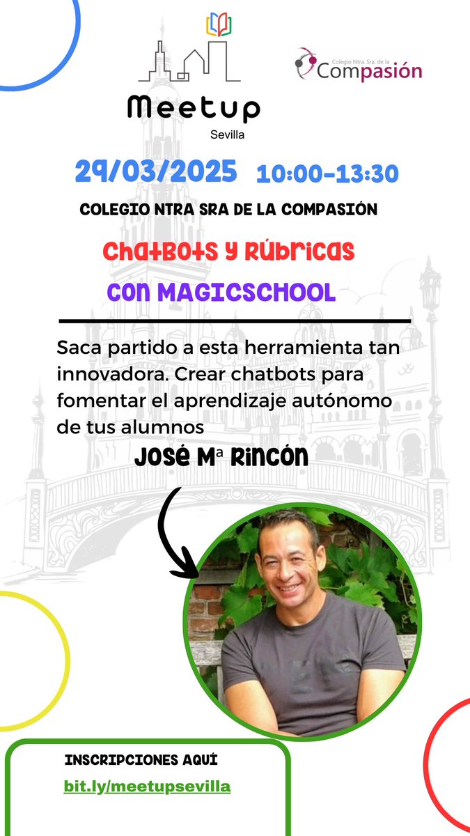 GEGSpain's tweet photo. ¡#Docentes! 🧑‍🏫Meetup Sevilla: ¡#Chatbots con Magic School! @iesamurojrin te enseña a fomentar el aprendizaje autónomo. 
🗓️29/03
⏰10:00-13:30
📍Colegio Ntra Sra. de la Compasión, Dos Hermanas (Sevilla). @NSraCompasion @GEGSpain @grupoandaluzia #MeetUpSevilla #claustrovirtual https://t.co/aDqUgNaAvF