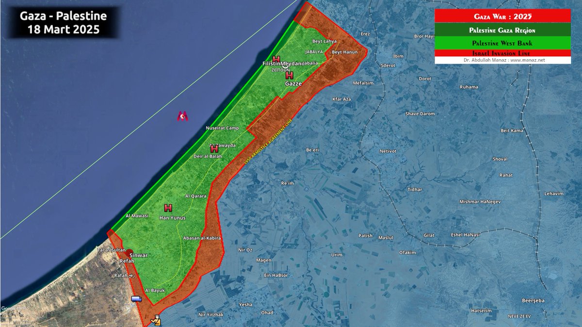 Netanyahu, Gazze'de ateşkesi sona erdirip yeniden katliamlara başladı. İsrail helikopterleri ve savaş uçaklarının saldırılarında 400'e yakın sivil, çoğunluğu çocuk hayatını kaybetti.

İsrail Ordusu, kırmızı alanların boşaltılmasını talep ederek yeni bir Kara İşgali hazırlığında.