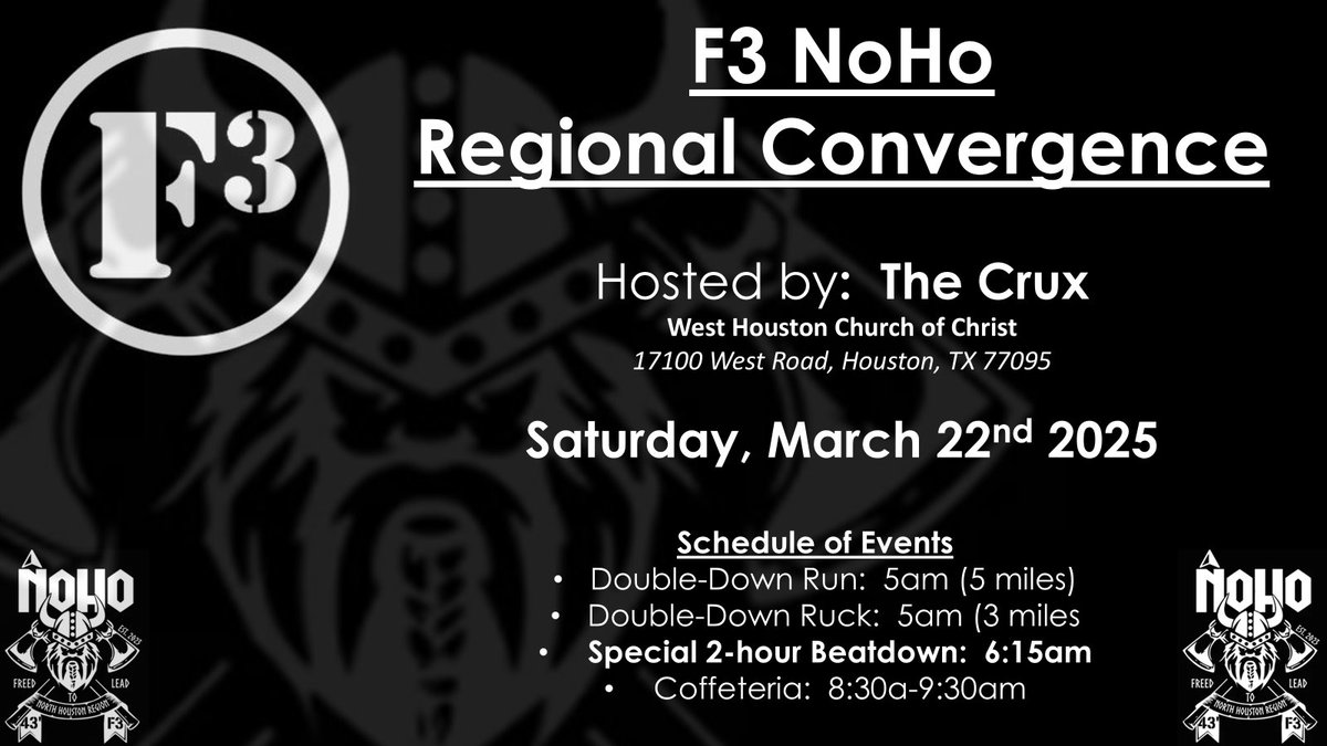 Houston (NoHo)! 💪 Open to all men, no matter your background or fitness level.

No sign-ups, no cost—just show up. Free coffee &amp; breakfast after!

📍 17100 West Rd, Houston, TX 77095
Learn more: f3noho.com