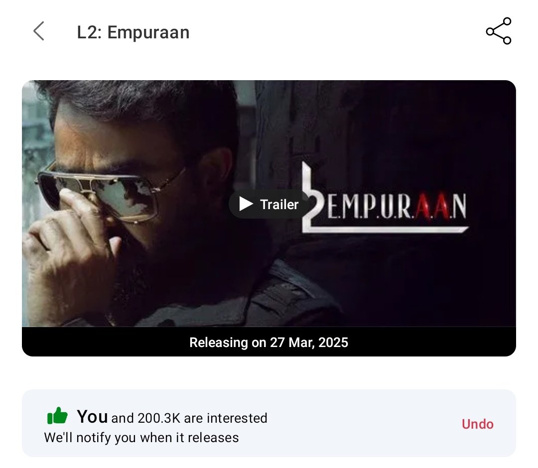 itsmeStAbhi's tweet photo. #Empuraan crossed 200K interest in book my show 🔥😎

Second movie @Mohanlal &amp; @PrithviOfficial are part of 💥 https://t.co/XOJN1gNZVz