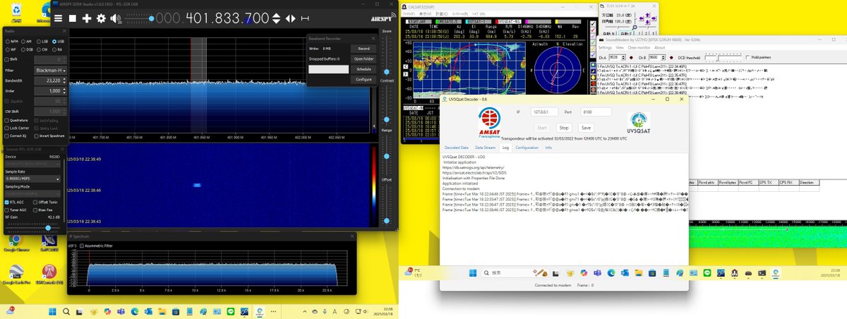 #UVSQsat_NG UVSQsat-NG 18.Mar.2025 13:31UTC Over the Japan ◇ 401.850MHz BPSK 9600baud telemetry 4frames received on real time.