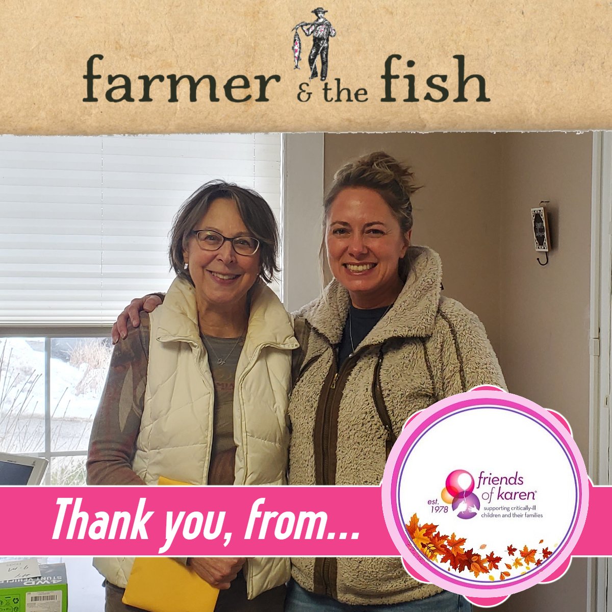 Thank you to Farmer and the fish for selling Valentine Hearts on behalf of Friends of Karen for Valentine’s Day. Interested in hosting your own fundraiser to support Friends of Karen? Click here friendsofkaren.org/host-a-fundrai…

Photo (L-R): Gwen Salmo, Friends of Karen, with Becky