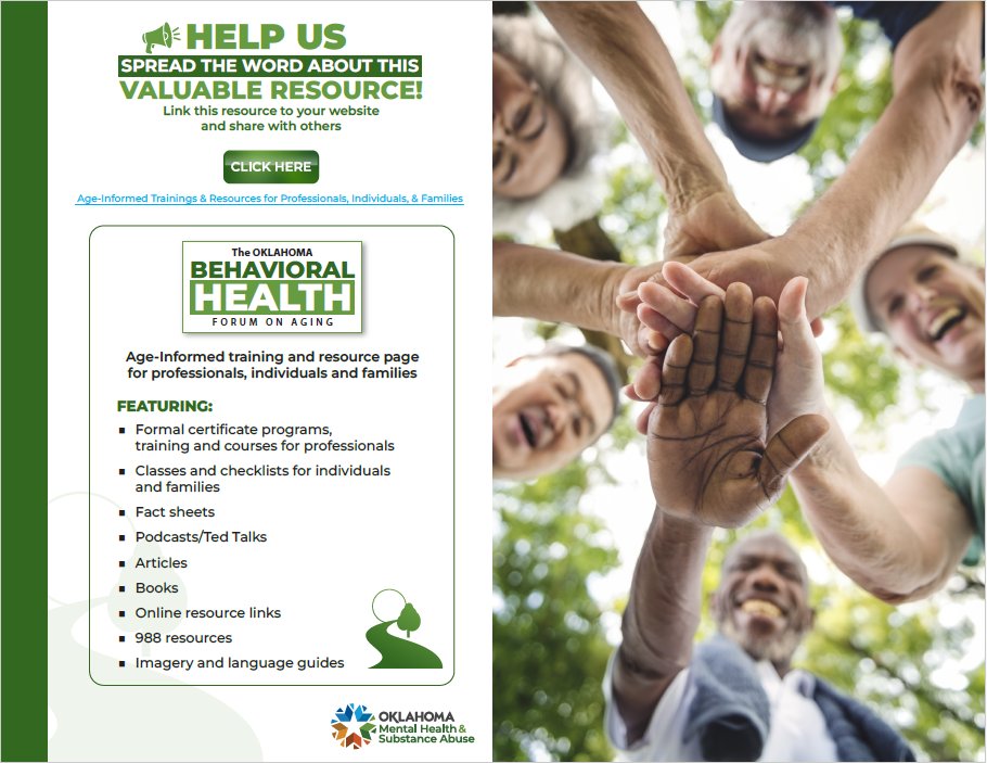 This site provides a direct link to Oklahoma's Older Adult Behavioral Health State Plan and a range of trainings and resources focused on older adult behavioral health.  Users can easily browse sections geared toward providers or individuals and families.

oklahoma.gov/odmhsas/treatm…