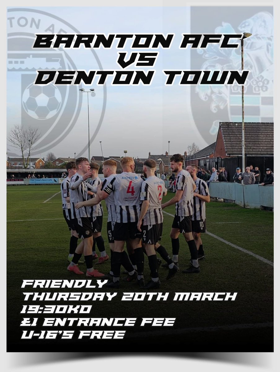 ⚽️Next Up⚽️

We are in Friendly action, as we entertain Denton Town FC at the Creative Hut Stadium! 

#footballforeveryone £1 Entry, U16s Free

#finoallafine #utv #Bianconeri ⚫️⚪️
