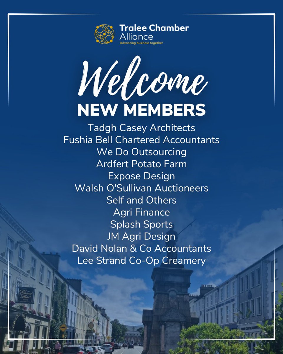 Tralee Chamber (@traleechamberal) on Twitter photo Tralee Chamber Alliance would like to take this opportunity to welcome our new members and their teams who have joined the Chamber recently.
To discuss becoming a member of Tralee Chamber, contact us today at david@tralee.ie
#Tralee #Chamber #Business #Community Tralee Chamber Alliance would like to take this opportunity to welcome our new members and their teams who have joined the Chamber recently.
To discuss becoming a member of Tralee Chamber, contact us today at david@tralee.ie
#Tralee #Chamber #Business #Community