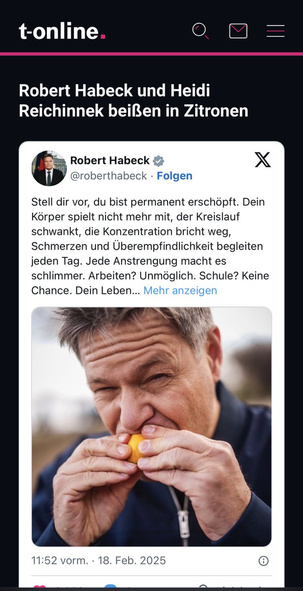 PostX #UniteToFight2024 (@teampostx) on Twitter photo „Darum beißen immer mehr Politiker und Sportler in eine Zitrone“
#MECFS #LemonchallengeMECFS
<a href="/roberthabeck/">Robert Habeck</a> <a href="/HeidiReichinnek/">Heidi Reichinnek</a>
<a href="/MECFSResearch/">ME/CFS Research Foundation</a>
t-online.de/gesundheit/akt… „Darum beißen immer mehr Politiker und Sportler in eine Zitrone“
#MECFS #LemonchallengeMECFS
<a href="/roberthabeck/">Robert Habeck</a> <a href="/HeidiReichinnek/">Heidi Reichinnek</a>
<a href="/MECFSResearch/">ME/CFS Research Foundation</a>
t-online.de/gesundheit/akt…