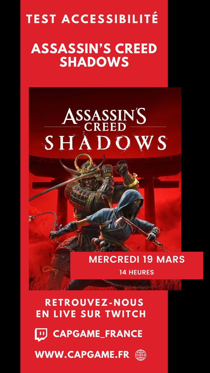 On affûte nos katanas pour le test live en avant première de Assassin's Creed Shadows 🎮 🥷 

Retrouvez-nous mercredi 19 mars à 14h avec <a href="/PilarskiTony/">Ivar_Le_Déssosé</a> sur le Twitch Capgame_France
buff.ly/bmLAqd8 

#TousGamers #TestA11yJV <a href="/UbisoftFR/">Ubisoft FR 🇫🇷</a> <a href="/AssassinsFR/">Assassin's Creed FR</a> #AssassinsCreedShadows