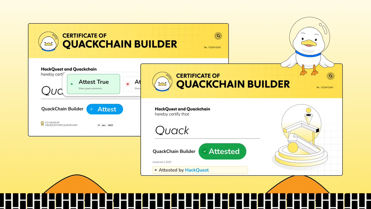 HackQuest (@hackquest_) on Twitter photo Attestation that add NEW credibility is here 🆕
Every Quack has their own on-line profile, but what if it's also backed by integrated testimonials from others? 🗣️
Integrated with <a href="/ethsign/">Sign</a> <a href="/eas_eth/">Ethereum Attestation Service</a> <a href="/VeraxRegistry/">Verax Attestation Registry</a>, now you can build your Web3 credential with attestations, adding Attestation that add NEW credibility is here 🆕
Every Quack has their own on-line profile, but what if it's also backed by integrated testimonials from others? 🗣️
Integrated with <a href="/ethsign/">Sign</a> <a href="/eas_eth/">Ethereum Attestation Service</a> <a href="/VeraxRegistry/">Verax Attestation Registry</a>, now you can build your Web3 credential with attestations, adding