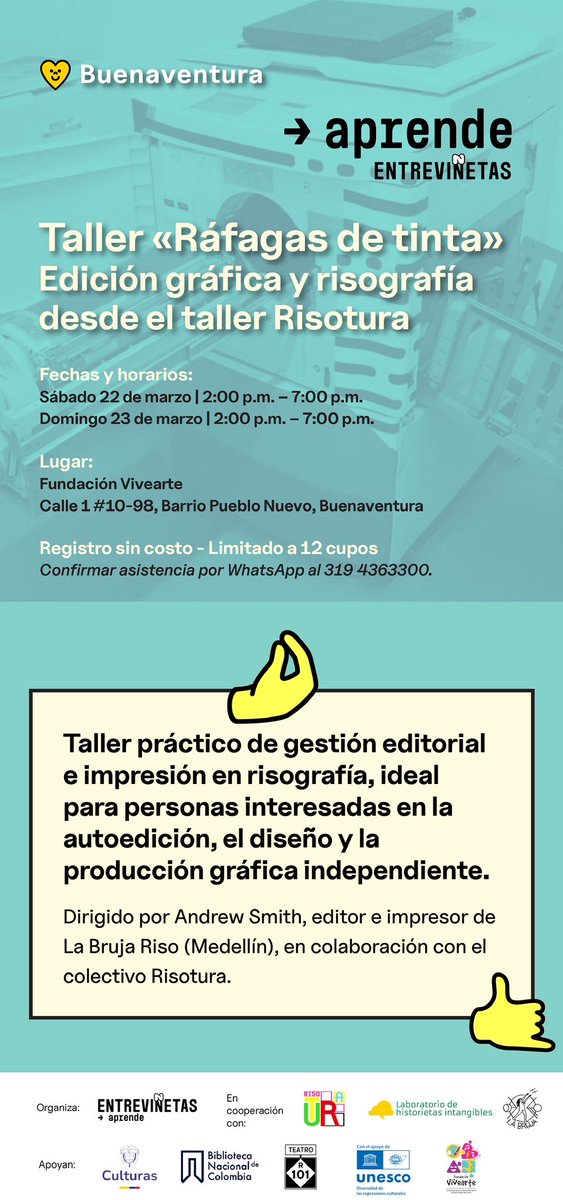 ⛴️🌞 ¡Poder gráfico y editorial en Buenaventura! 

Si te interesan la autoedición, el cómic y el diseño, acompáñanos en este potente taller de impresión y risografía en el taller de Risotura y junto a La Bruja Riso. 

⚠️ Limitado a 12 cupos. Inscríbete en wa.me/573194363300