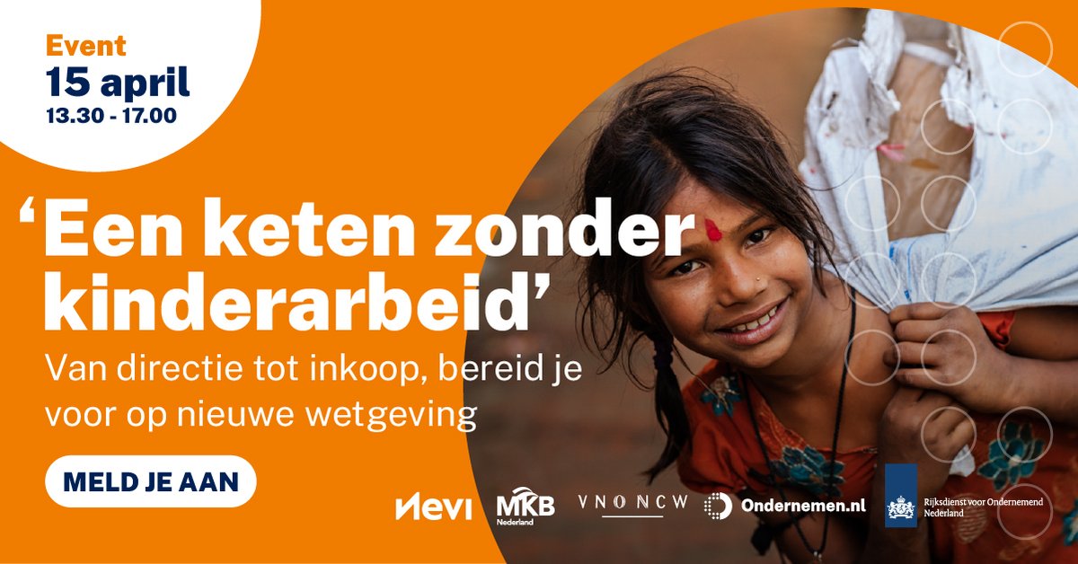 Het is tijd voor actie! Tijdens de bijeenkomst ‘Een keten zonder Kinderarbeid’ op #15april duiken we samen in de wetgeving, risico’s en praktische oplossingen rondom #Kinderarbeid in jouw #Bedrijfsketen. In 10 risicosectoren is kinderarbeid namelijk een verborgen probleem – wist