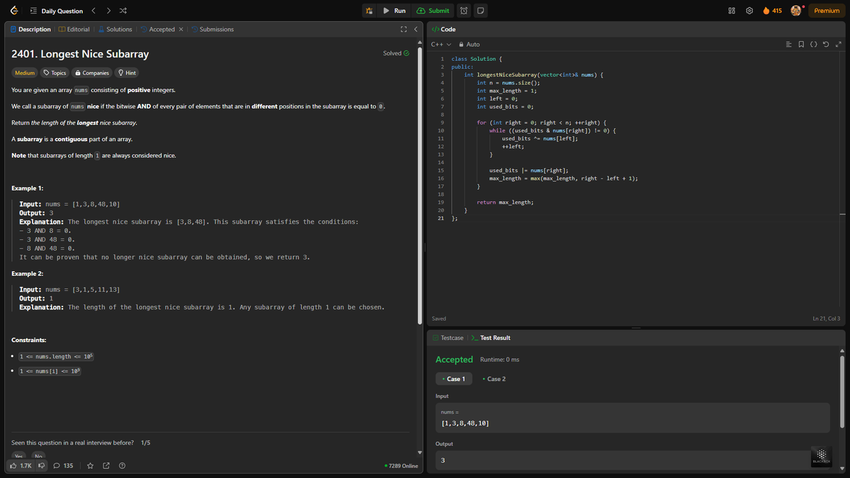 RoY_015__'s tweet photo. Day 414: Longest Nice Subarray

Given an array nums consisting of positive integers. Return the length of the longest nice subarray.

#leetcode #400DaysOfCode #VIT https://t.co/cc590Fwu3b