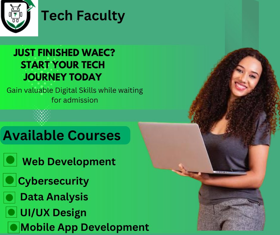 TechFacultyNG's tweet image. WAEC Done? What’s Next? 

Don’t just sit and wait—start your tech journey today! Gain valuable digital skills like Web Development, Cybersecurity, UI/UX Design, and more while waiting for admission.
Your future starts now!

#TechSkillsThatPay #LearnTechToday #FutureInTech