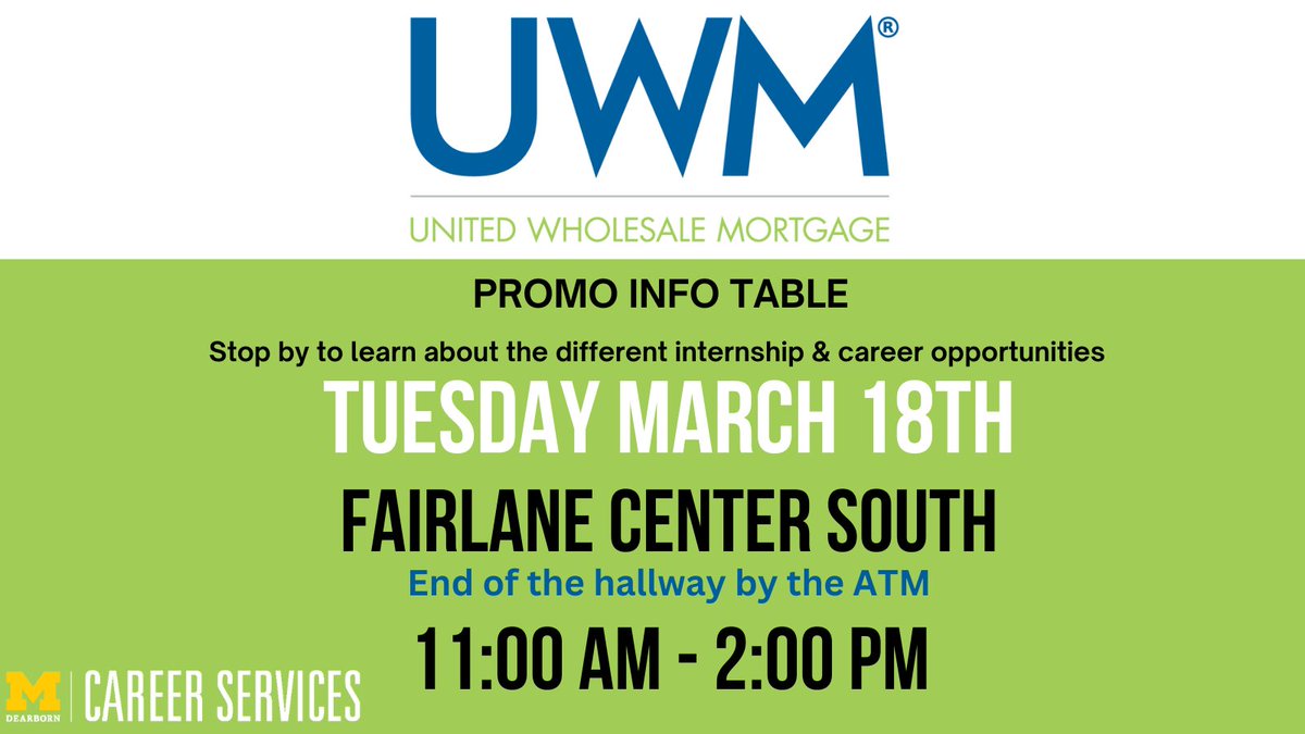UMDearborn_CS's tweet photo. UWM: Promo Table

Join us TODAY- March 18th from 11am to 2pm to learn about the different internship &amp; career opportunities offered by UWM. https://t.co/ZfVGvkwdvl