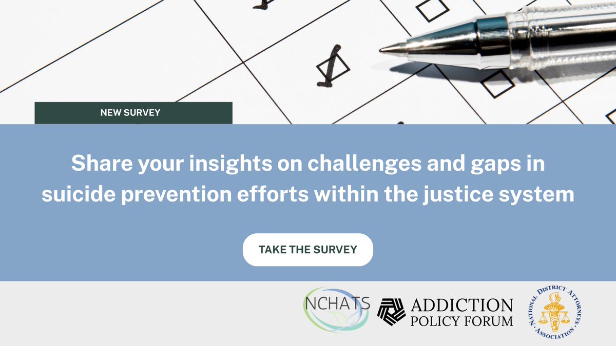 Share your insights! <a href="/AddictionPolicy/">Addiction Policy Forum</a> &amp; <a href="/ndaajustice/">NDAA</a> are conducting a short survey to identify challenges and gaps in suicide prevention efforts within the justice system. Your input can inform better strategies &amp; resources. Take the survey: bit.ly/3X7TwCx