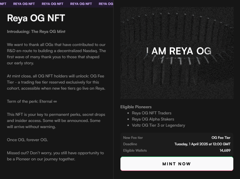 Reya OG NFT Mint is Here! 🔥

If you traded or staked on Reya V1 during Season OG, you're eligible to mint the OG NFT.

✅ Mint here: app.reya.xyz/mint/og-nft

- Deadline: April 1, 2025
- Only 14,689 wallets are eligible

This NFT unlocks permanent perks, secret drops, and