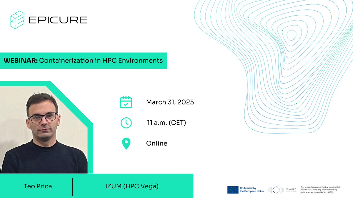 Are you curious about how #containerisation is transforming #HPC?  Don't miss our upcoming #webinar featuring Teo Prica from IZUM (HPC Vega)!  
📅 Date: March 31, 2025 
⏰ Time: 11:00 a.m. (CET) 
🌍 Where: Online 
👉 Register now: bit.ly/4iY9V4W