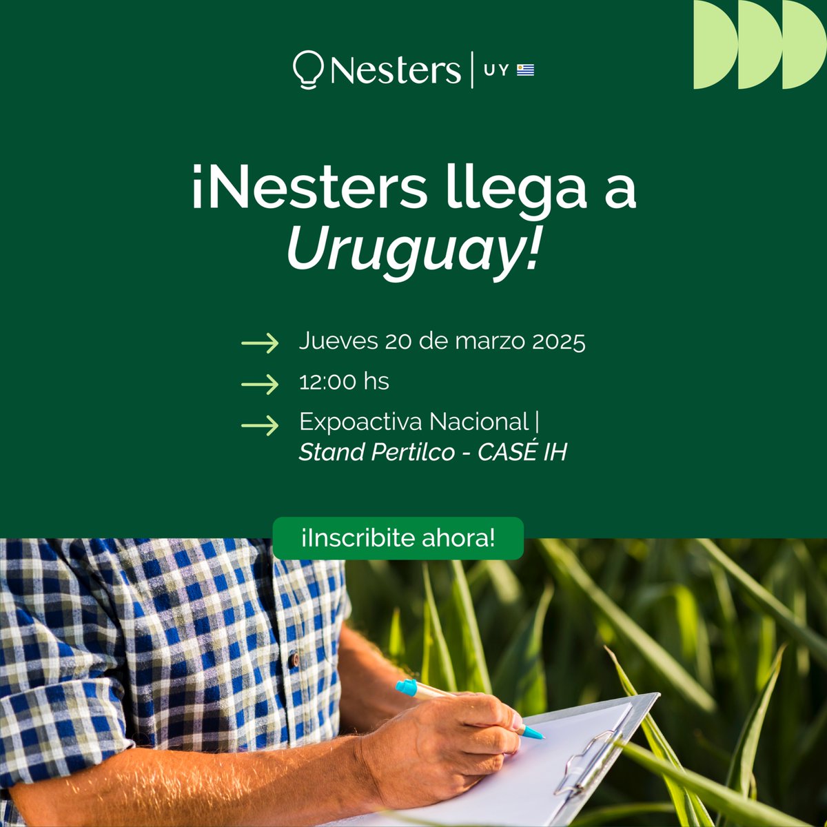 NestersTech's tweet image. Nesters llega a Uruguay 🌱

Sumate a nuestra presentación en Expoactiva y descubrí cómo impulsamos la innovación en el agro.

📅 Jueves 20/03 | ⏰ 12:00 hs
📍 Stand Pertilco CASÉ IH
🔗 Inscribite: forms.gle/zFJYWxB42mqk5m…

#Nesters #Expoactiva #AgTech