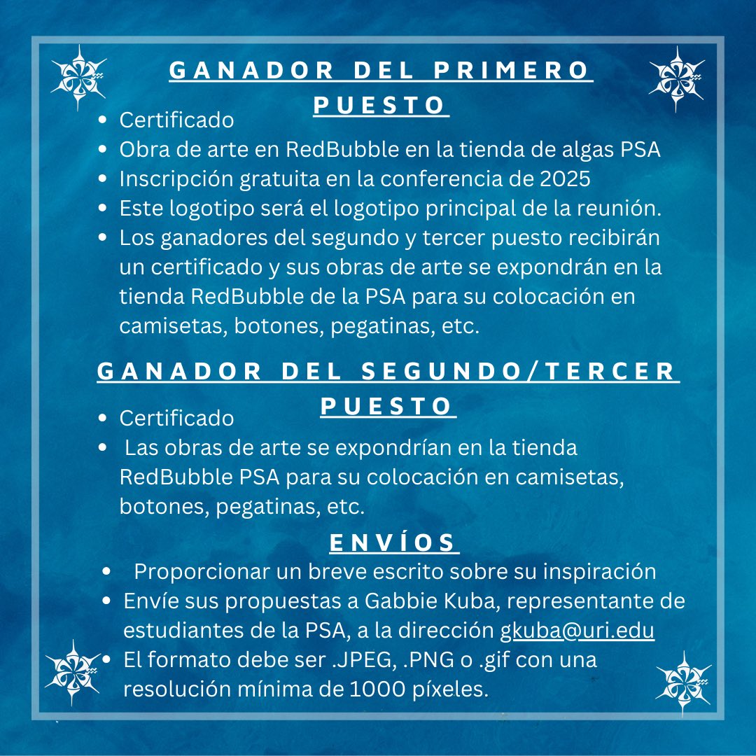 Are you an artist? In excitement for this year’s meeting, we are opening up a logo competition! The theme is “Sustainability!”
¿Eres un artista? Con motivo de la reunión de este año, ¡abrimos un concurso de logotipos! El tema es «¡Sostenibilidad!»
#Sustainability  #algae #seaweed