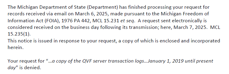 pjcolbeck's tweet photo. What is most important subpoena request needed in MI?
ANSWER: Qualified Voter File (QVF) transaction log dating back to January 1, 2019.  
We need the who, the when and the what for all changes to our voter rolls and voter history records.
My FOIA request for this information was denied by MI SoS Jocelyn Benson. 
@MI_Republicans @MIDistrict9 @MIGOP @EmeraldRobinson @PamBondi @Kash_Patel @realMikeLindell
