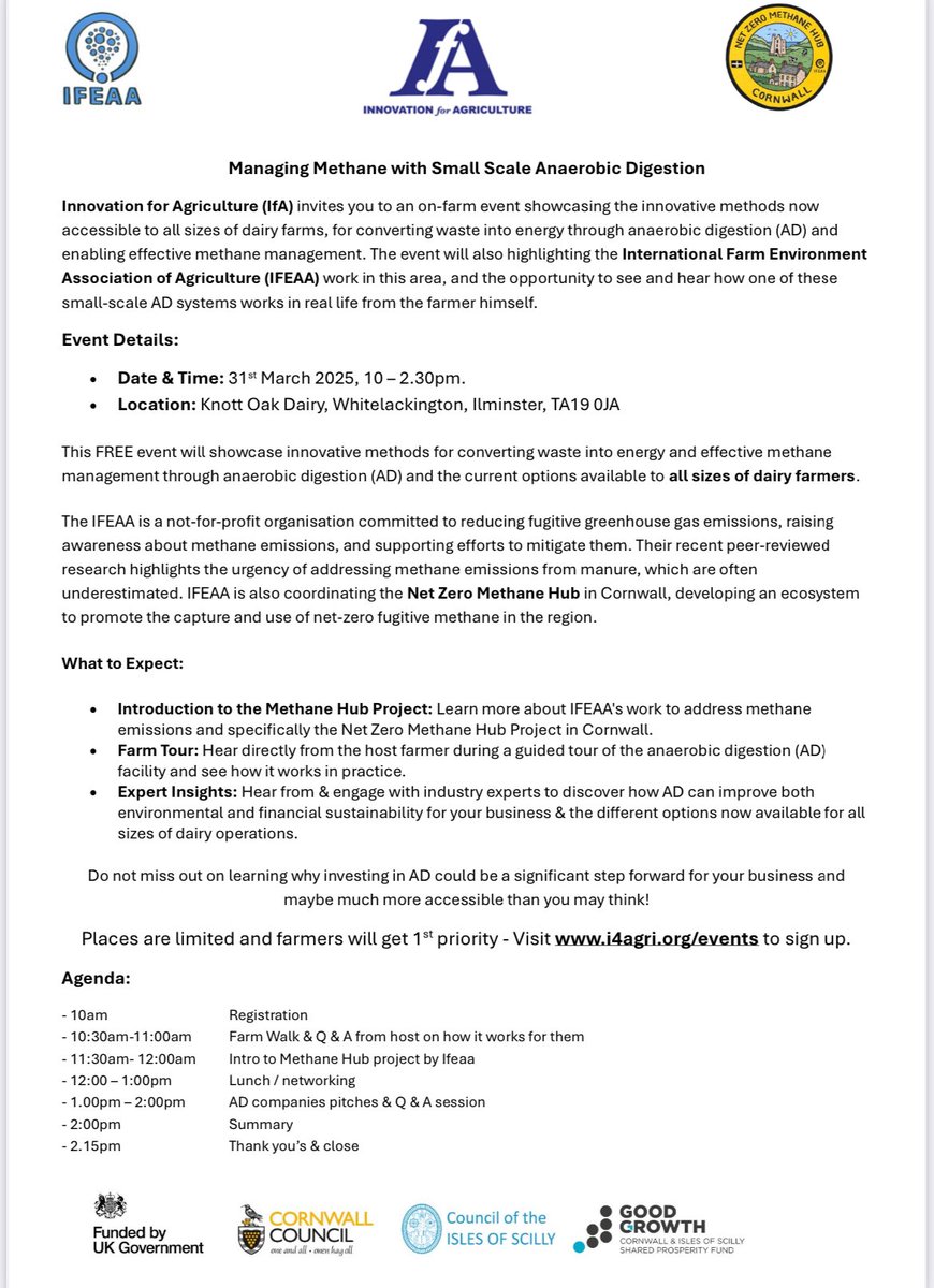 💥🐄SW Dairy farmers🐄💥
Book now -31st March at Knott oak dairy, Ilminster 
- Find out how to make slurry work for you;
Tour of a working farm scale AD plant &amp; hear from industry experts the benefits AD could have for your business. 
Visit i4agri.org/events to sign up now!