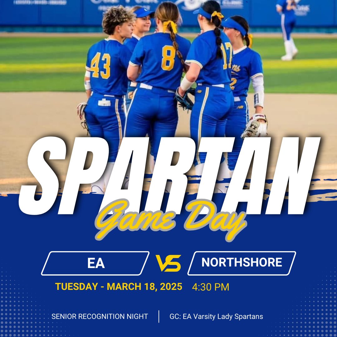 🚨🥎 SENIOR NIGHT 🥎🚨

🆚: Northshore High School
⏰: 4:30 PM
🏟️: Lady Spartan Field
📊: EA Varsity Lady Spartans
