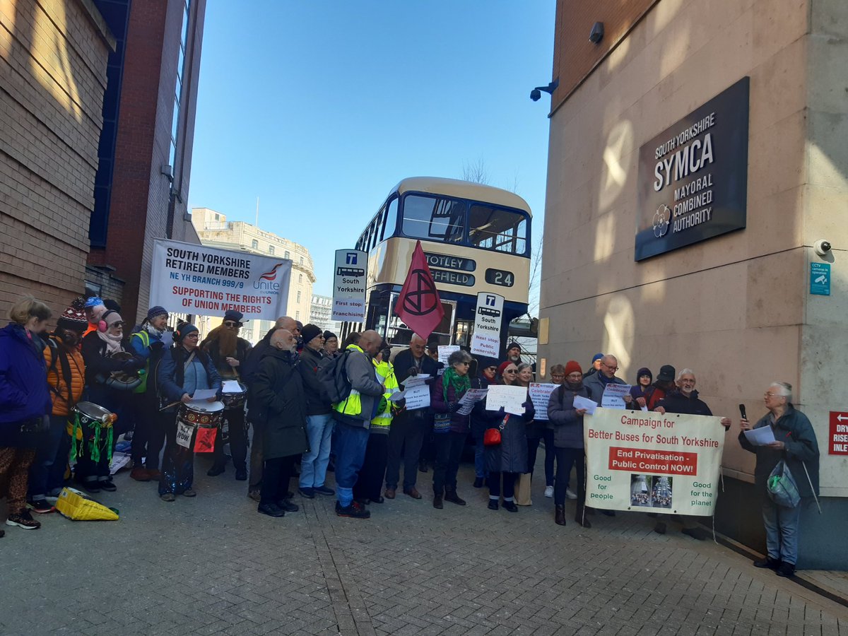 About 50 at Better Buses rally today as South Yorkshire starts franchising process. Everyone clear that we want proper conditions for bus workers to have a voice under franchising. Nice to see Martin Mayer driving bus from franchising bus stop to public ownership stop.