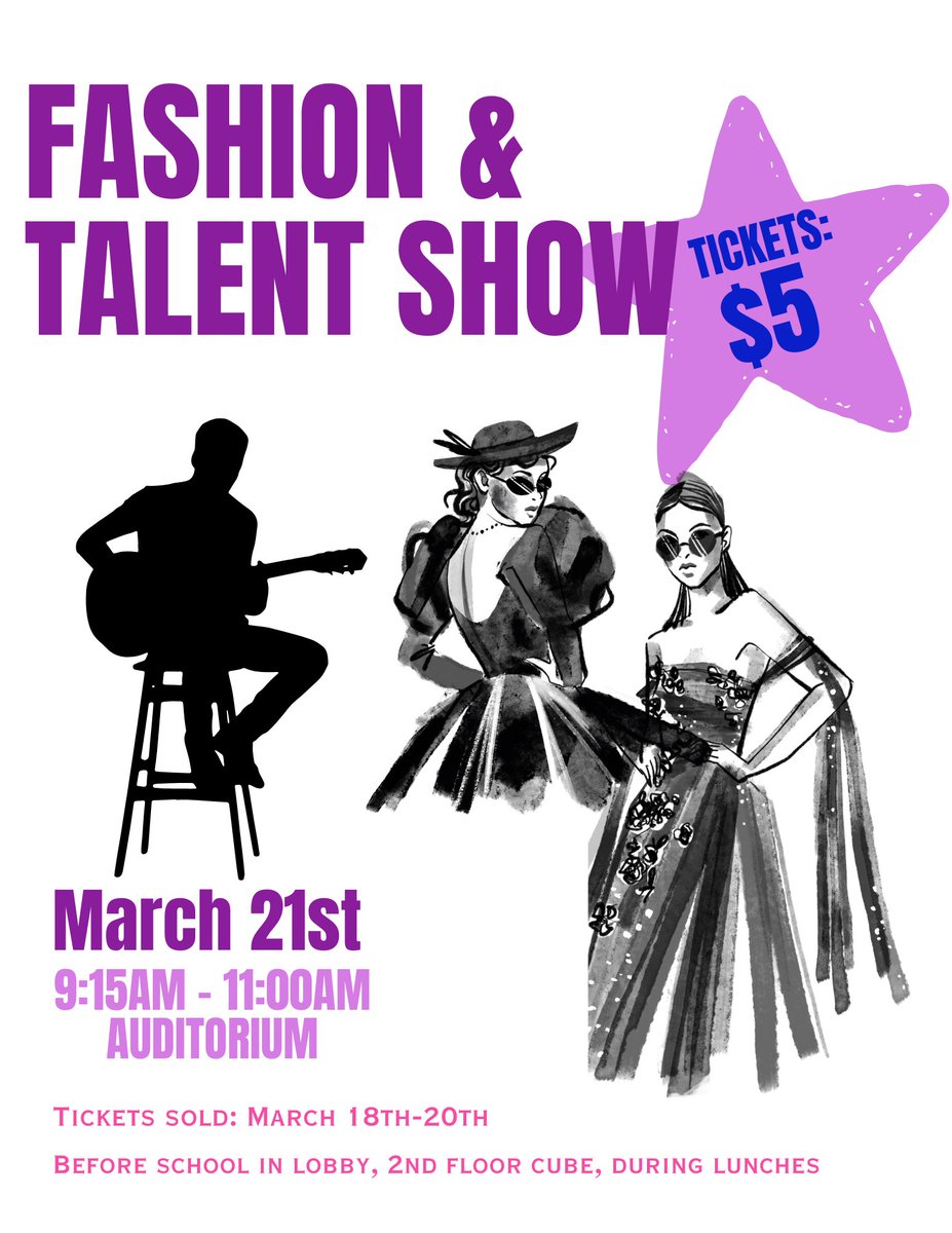 IT'S THAT TIME OF YEAR AGAIN❗
The fashion and talent show will take place Friday March 21st from 9:15am-11:00am in the auditorium. 
Can't wait to see you there 🤗

Tickets sold: March 18th-20th [5$]
💙 Before school in the lobby
💛 2nd floor cube
💙 During lunches