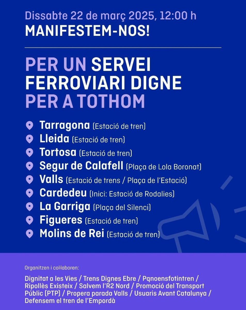🚆✊El 22 de març a les 12h, sortim al carrer per un servei ferroviari digne! 

📢CCOO de Catalunya dona suport a les concentracions convocades el dia 22 amb el lema “per un servei ferroviari digne per a tothom”

+ info: ccoo.cat/tarragona/noti…

<a href="/dignitatavies/">Dignitat a les vies ⚫️</a> <a href="/ccoocatalunya/">CCOO de Catalunya</a>