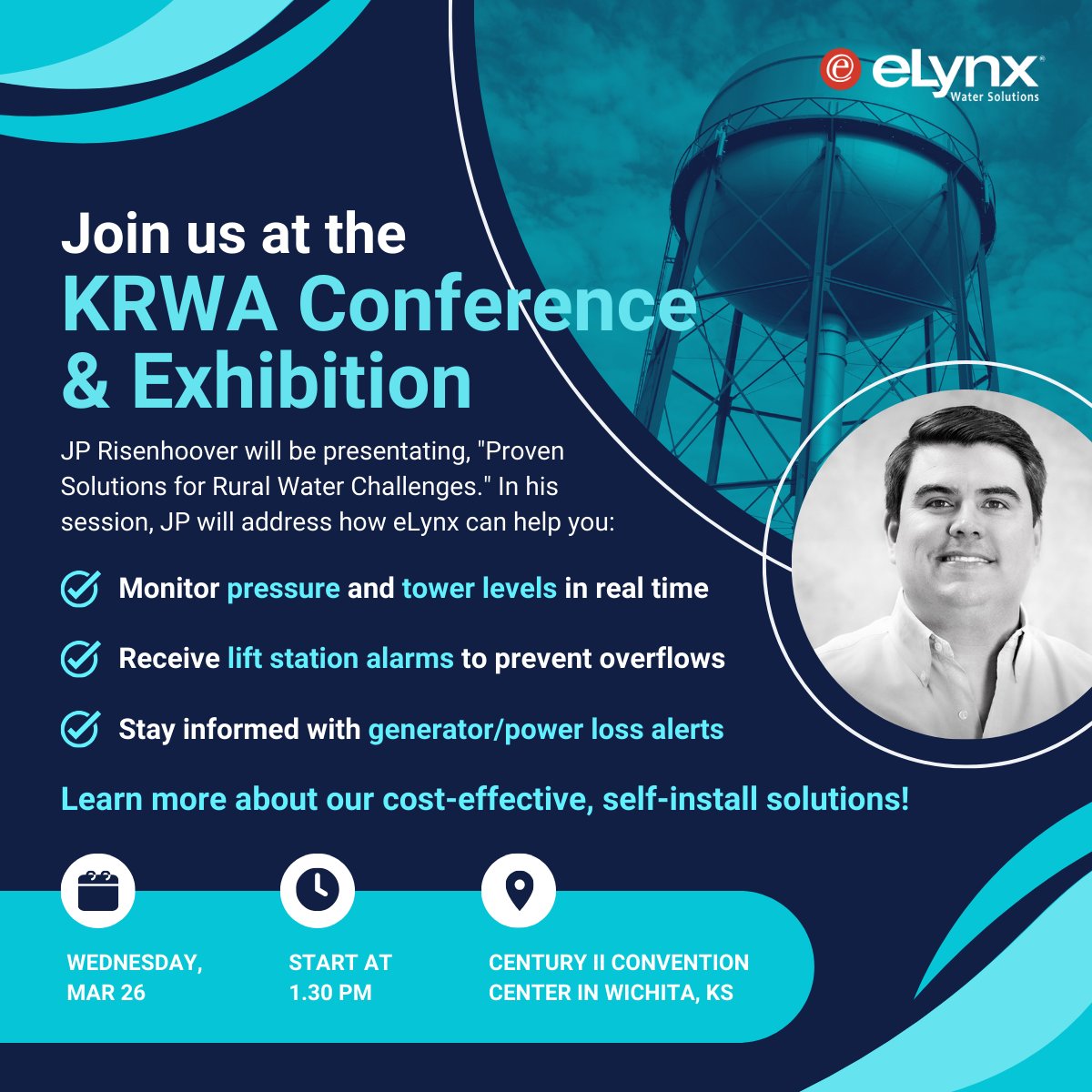 elynxtech's tweet photo. Don’t miss us at the Kansas Rural Water Assn Annual Conference, March 25–27 at the Century II Convention Center in Wichita, KS! 
  
Stop by our booth #316 to learn how eLynx can simplify your operations and keep your systems running smoothly. See you there! https://t.co/4LLo79bs3v