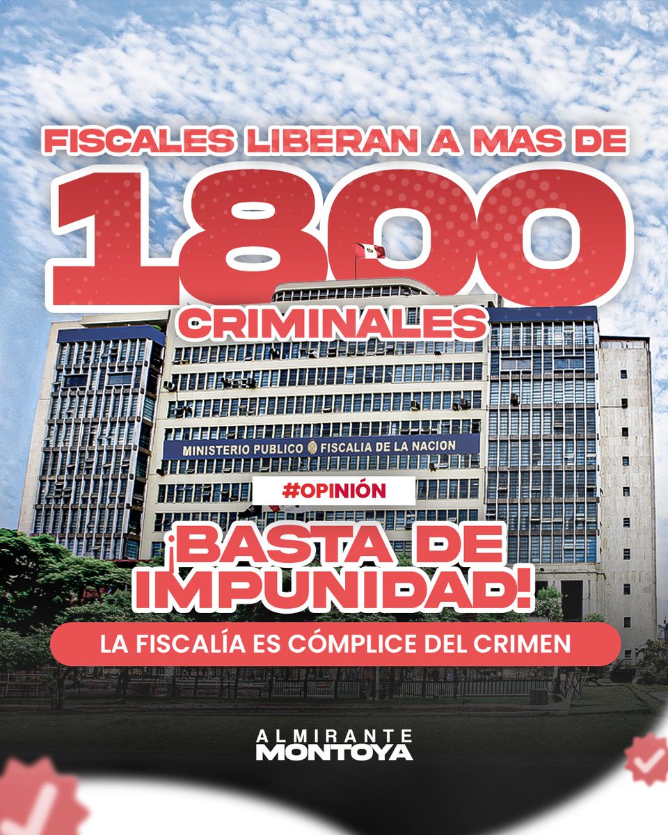 Alm_Montoya's tweet photo. ¡BASTA DE IMPUNIDAD! LA FISCALÍA ES CÓMPLICE DEL CRIMEN

Mientras la Policía Nacional se juega la vida capturando criminales, la Fiscalía los libera como si fueran víctimas. ¡Más de 1,800 delincuentes sueltos en las calles gracias a la inacción de quienes deberían hacer justicia!

Los congresistas, en lugar de atacar a quienes luchan contra la delincuencia, deberían estar EXIGIENDO la renuncia inmediata de la Fiscal de la Nación, porque ahí es donde los delincuentes encuentran protección. ¡La verdadera mafia está en las instituciones que deberían defendernos!

El pueblo está cansado de ver cómo el crimen avanza con la complicidad de quienes deben frenarlo. ¡Mano dura contra la impunidad, no contra quienes hacen su trabajo!

🔗https://t.co/pF77XSejIc
#AlmiranteMontoya ✍️