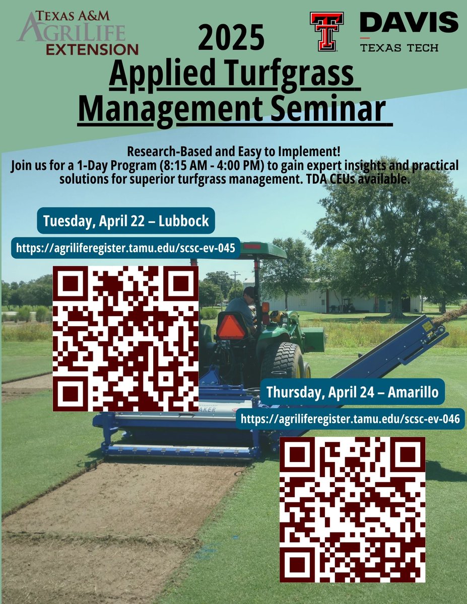 P. Agustin Boeri, Ph. D. (@dragustingrass) on Twitter photo West Texas Applied Turfgrass Management Seminar on April 22, Lubbock and April 24, Amarillo. A collaboration of <a href="/bulldawg3155/">Joey Young</a> <a href="/TTUturf/">Texas Tech Turf Sci.</a> and <a href="/txextension/">Texas A&M AgriLife Extension Service</a> <a href="/AggieTurf/">AggieTurf</a> West Texas Applied Turfgrass Management Seminar on April 22, Lubbock and April 24, Amarillo. A collaboration of <a href="/bulldawg3155/">Joey Young</a> <a href="/TTUturf/">Texas Tech Turf Sci.</a> and <a href="/txextension/">Texas A&M AgriLife Extension Service</a> <a href="/AggieTurf/">AggieTurf</a>