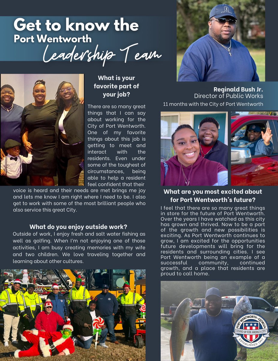 Get to know the leadership behind the City of Port Wentworth! 🌟

Meet Reginald Bush Jr., Director of Public Works! With 11 months of dedicated service, Reginald is committed to keeping Port Wentworth running smoothly and ensuring residents' voices are heard. Thank you, Reginald!