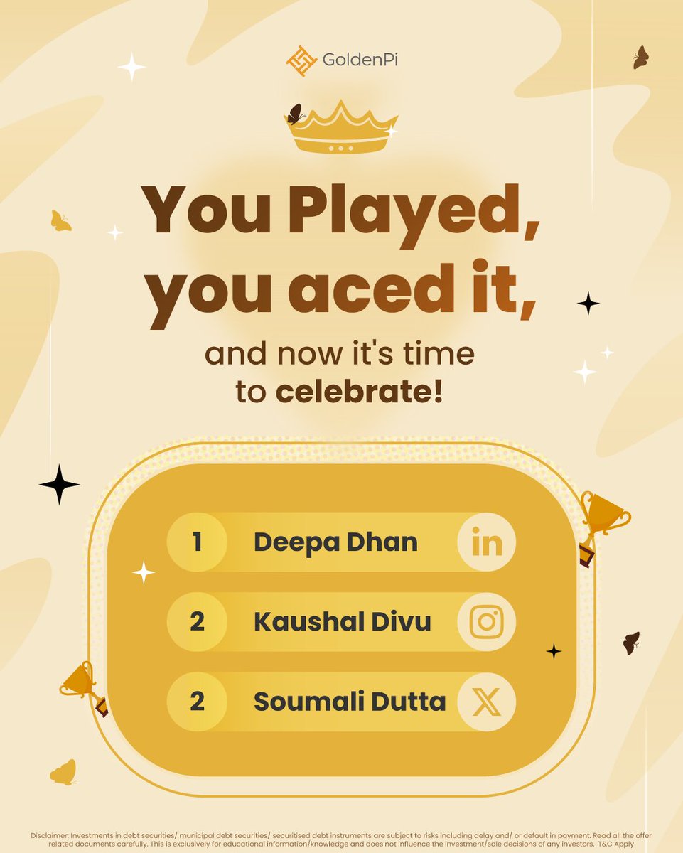 And the winners are here! 🎉  
Congrats to our Women in Finance Trivia champs!  DM us your email IDs to claim your prize.  Big thanks to everyone who joined us in celebrating #WomensDay. More fun challenges coming soon! Stay tuned.  

#GoldenPi #TriviaWinners #Giveaway