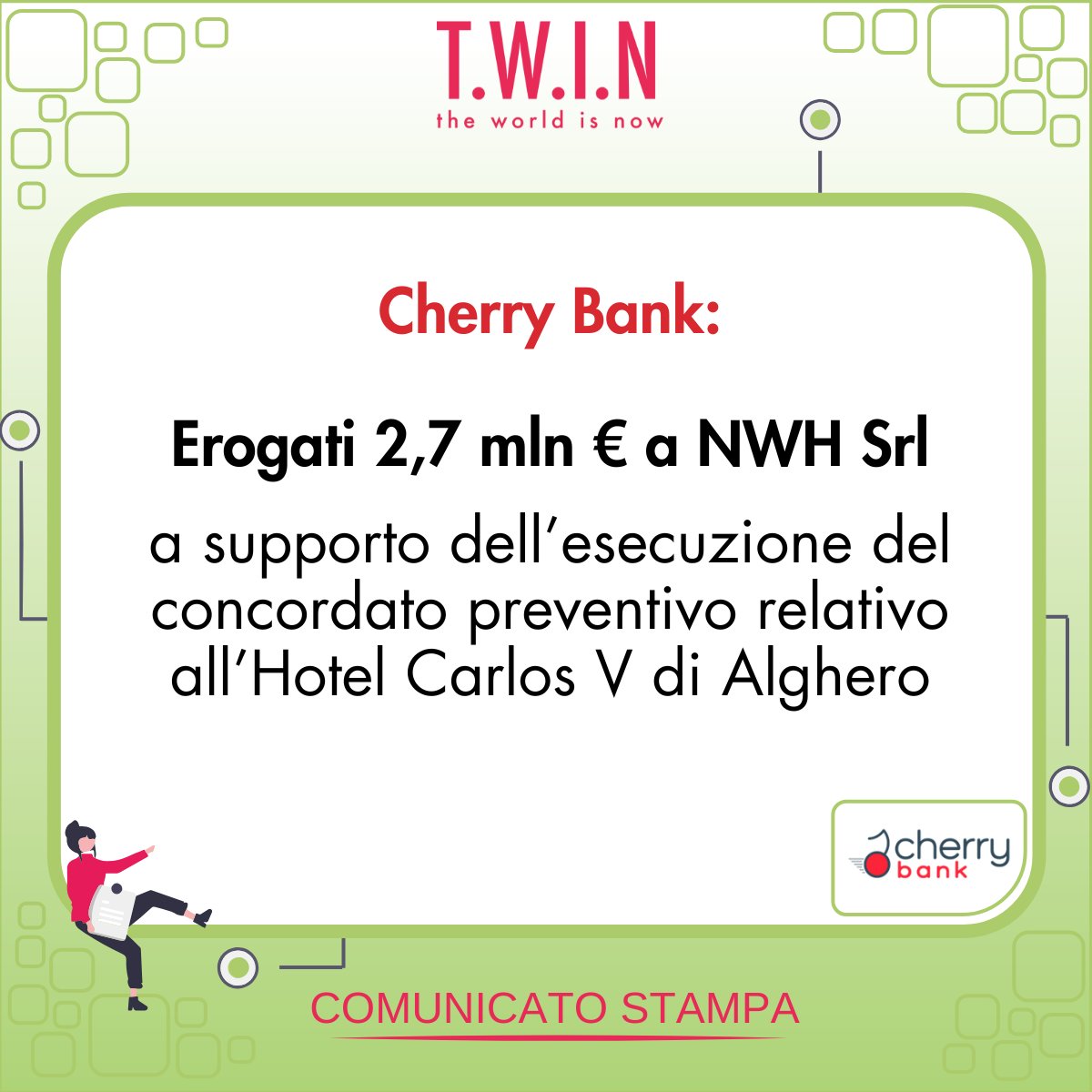 Cherry Bank ha erogato un finanziamento da 2,7 mln di euro a NWH Srl, proprietaria dell’Hotel Carlos V di Alghero, in supporto all’esecuzione del concordato preventivo. Leggi il comunicato stampa: shorturl.at/enMz4
#Finance #Banking #SpecialSituations #CherryBank