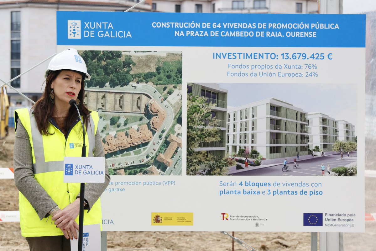 MMAllegue's tweet image. 🔷Arrancamos en Ourense á construción de 64 novas vivendas públicas en Cambedo de Raia! 
Un investimento de 13,6M€ (76% fondos Xunta) para ofrecer alugueiro accesible, con prioridade para menores de 36 anos.

🔹Ademais, seguimos mobilizando solo para máis de 1.600 vivendas en…