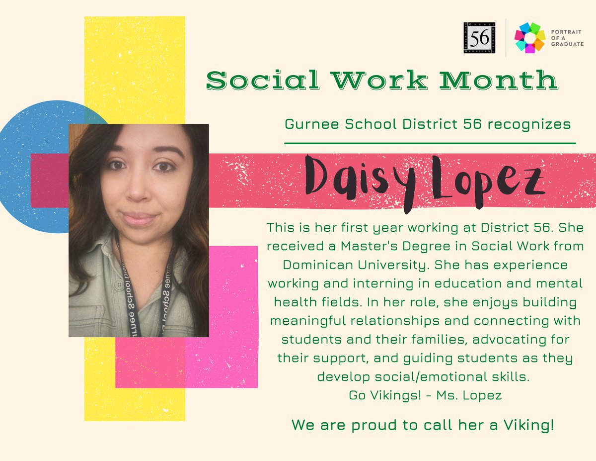 Gurnee School District 56 is excited to share an employee spotlight with you!

Ms. Daisy Lopez Spaulding School - Social Worker.

Thank you for all the hard work you do!