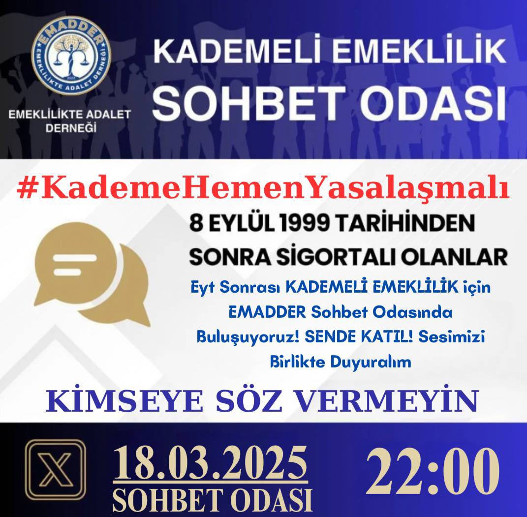 EMADDERİN SOHBETİ VAR ‼️ 🔊🔊🔊
🚨 🚨 🚨 🚨 🚨 🚨 🚨 🚨 🚨 🚨🚨

18.03.2025 Salı (Bu Akşam)   Saat 22:00 da, X Platformunda ki sesli sohbetimize herkesi bekleriz 🙏

Ankara Meclis ziyaretimizden çok önemli görüşmeleri ve son gelişmeleri aktaracağımız bu özel yayınımızı kaçırmayın