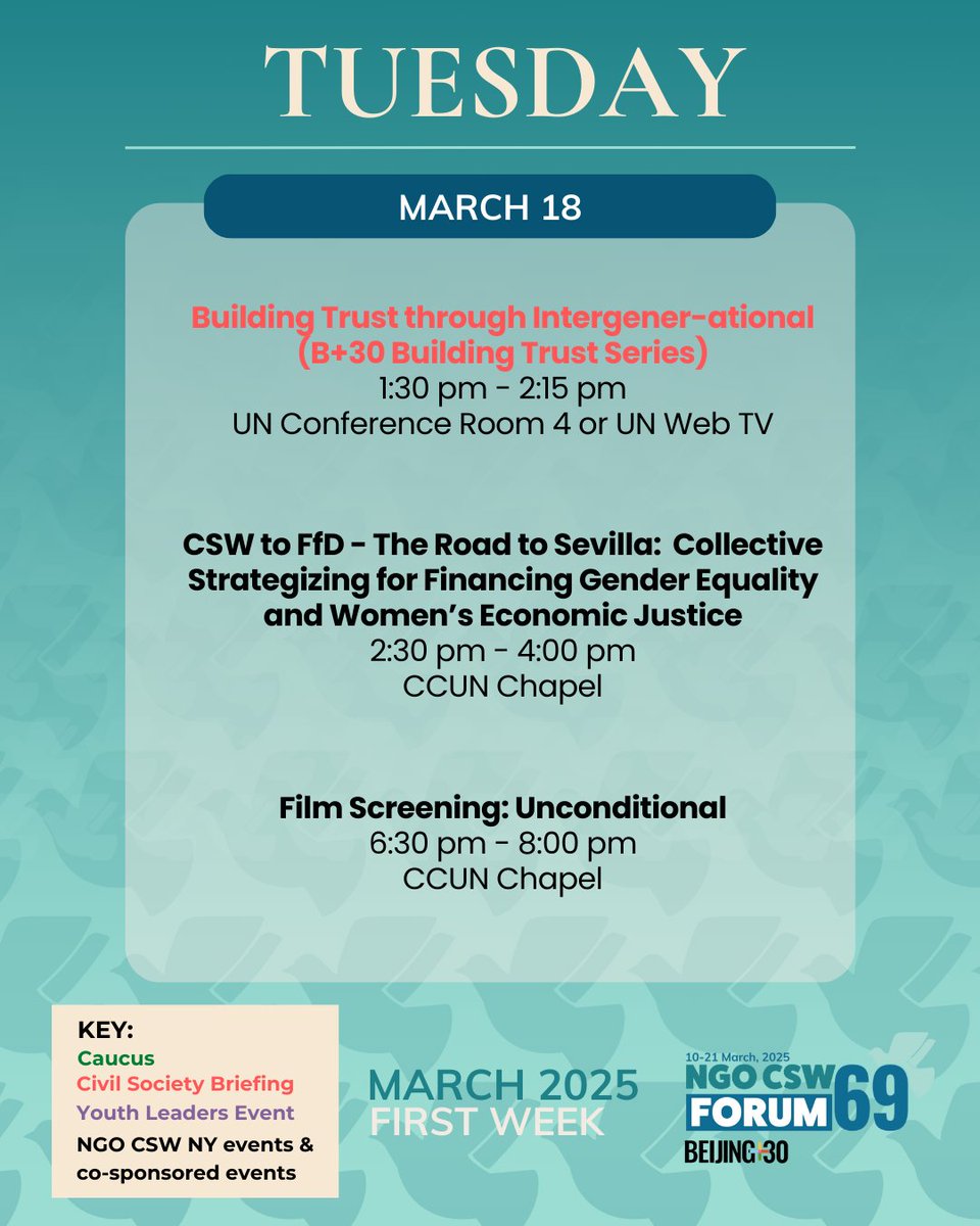 Day 7️⃣ of NGO CSW69 Forum! Check the calendar on Whova for the complete overview of everything happening today!

#NGOCSW69 #CSW69 #CCUN #UnitedNations #GenderEquality #SalvationArmy