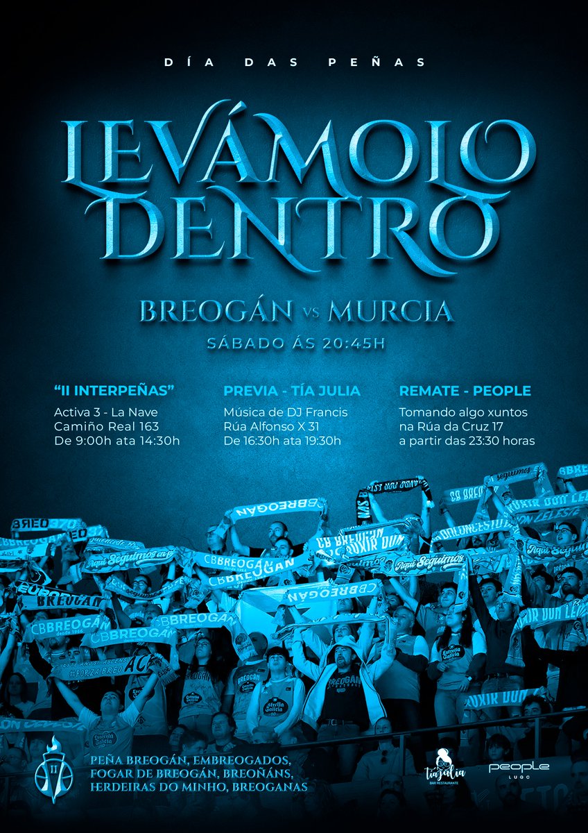 Temos o pracer de anunciarvos que este sábado terá lugar O DÍA DAS PEÑAS!

🏀 Haberá un novo torneo 4x4 no Activa3 onde participarán Peña Breogán, Embreogados, Fogar, Breoñáns, Herdeiras e Breoganas. 

Teremos festa antes e despois do Breo nun fermoso día de basquet! 🩵🤍