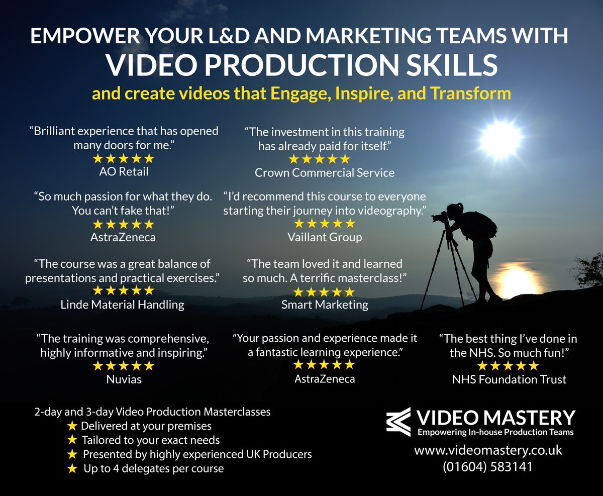 We've just reached our first year anniversary, helping UK companies to acquire all the necessary skills to produce their video content in-house to professional standards?
To find out more visit videomastery.co.uk, call us on 01604 583141 #videoproductiontraining
