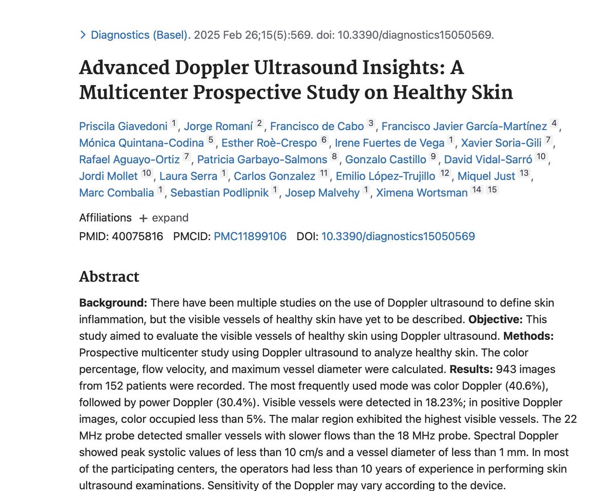 🔥🔥🔥 Open Access!!!! 
How is the vascularity of normal skin on colorDoppler ultrasound?

A multicenter study analyzed 943 images from 152 patients to explore the visible vessels of healthy skin using Doppler ultrasound.

📊 Key Findings:
✅ Hypodermal vessels were detected at