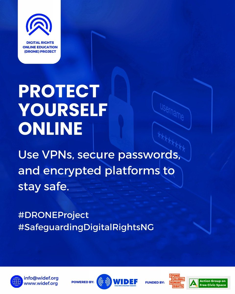 wideflive's tweet image. Protect Yourself Online!

Use VPNs, secure passwords, and encrypted platforms to stay safe. 

#DigitalRights
#DRONEProject #SafeguardingDigitalRightsNG